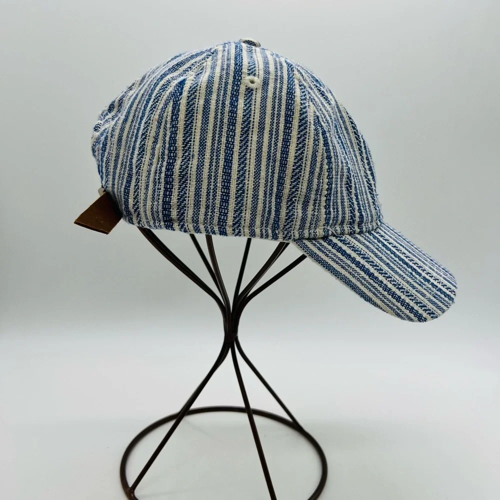 Madewell Navy and Cream Striped Ball cap with Adjustable Leather Strap